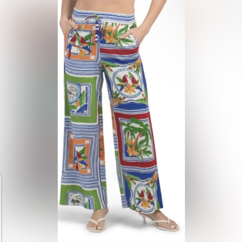 Tropical Wide Leg Linen Blend Pants Boho Parrot Tropical Farm Rio Vibes Small